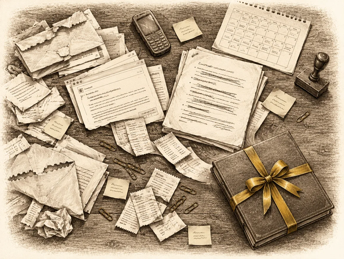 Cartas, notas y recibos sueltos sobre un escritorio, convergiendo hacia una sola carpeta cerrada